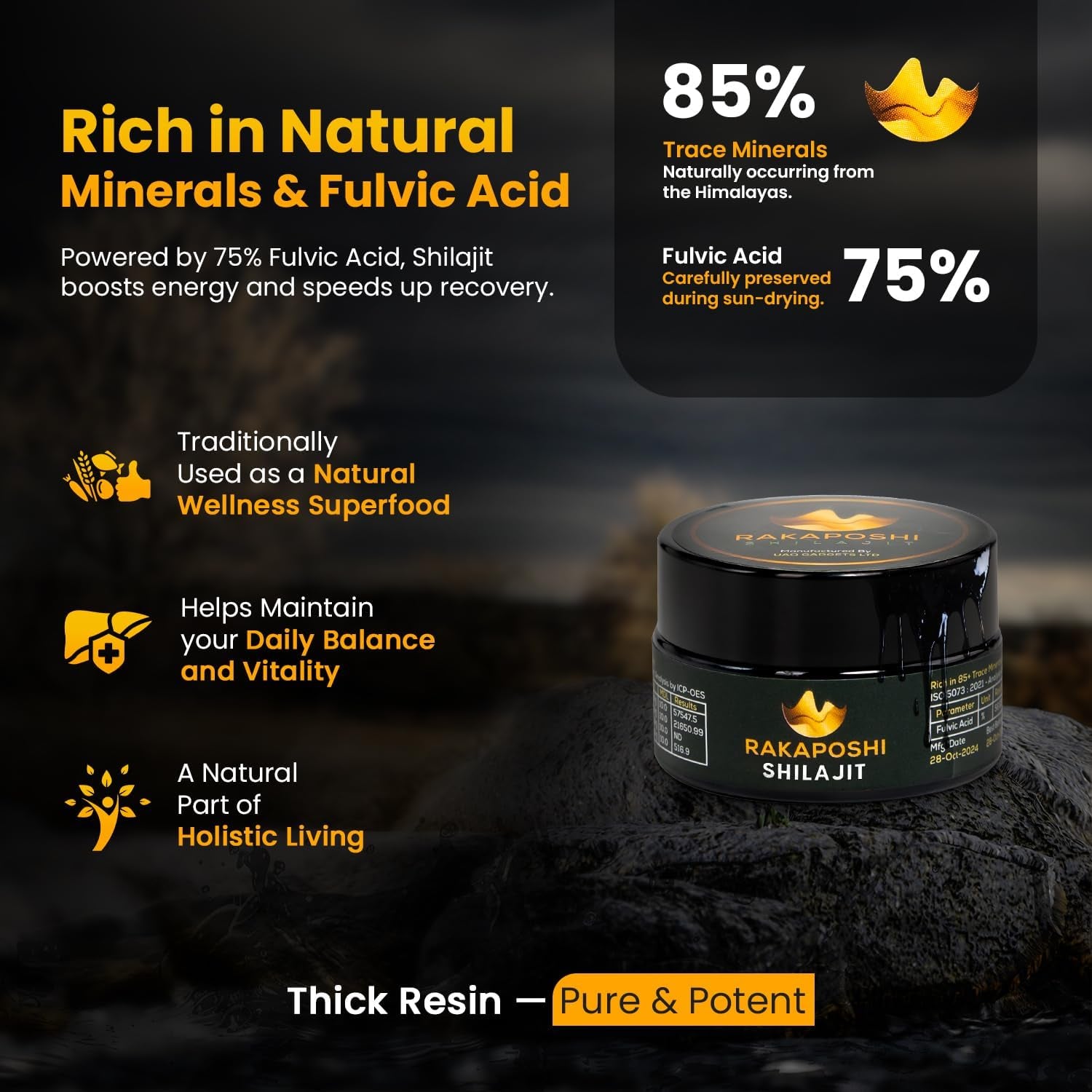 Rakaposhi Himalayan Shilajit Resin - Sun-Dried, Lab-Tested, Traditional Mineral Resin, 28.3 G - for Men & Women, Sourced from Gilgit-Baltistan