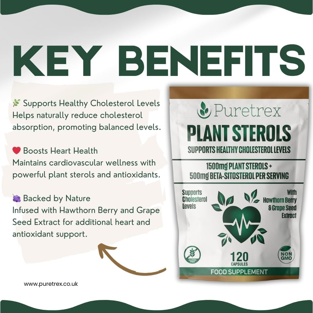 PURETREX Plant Sterols 2000MG Complex with Beta-Sitosterol - Supports Healthy Cholesterol Levels - with Hawthorn Berry & Grape Seed Extract - 120 Capsules - Gluten-Free & Non-Gmo Food Supplement