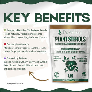 PURETREX Plant Sterols 2000MG Complex with Beta-Sitosterol - Supports Healthy Cholesterol Levels - with Hawthorn Berry & Grape Seed Extract - 120 Capsules - Gluten-Free & Non-Gmo Food Supplement