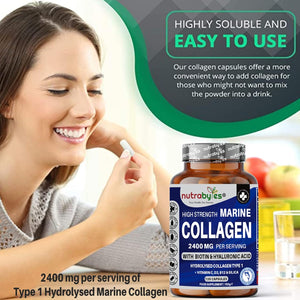 High Strength Marine Collagen 2400Mg with Hyaluronic Acid 100Mg, Biotin, Vitamin C, D3, B12 and Silica - 120 Capsules - High Strength Hydrolysed Marine Collagen for Men and Women, Made in UK