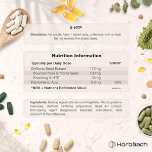 5HTP Supplement High Strength | 180 Vegan Tablets | 6 Month Supply - One a Day | from Griffonia Seed Extract | with Vitamin B5 | by Horbaach