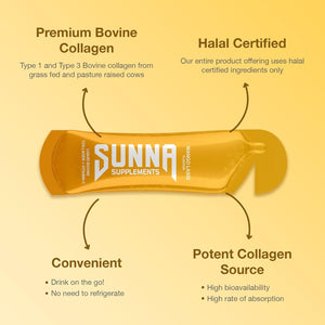 SUNNA SUPPLEMENTS - Halal Mango Lassi Collagen Drink with Vitamin C - 10000 Mg Liquid Bovine Collagen Peptides for Women and Men - Hydrolysed Formula Suitable for Everyone - 14 Sachets (35Ml Each)