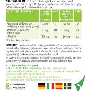 Igennus Calm Magnesium Gummies, L-Theanine & Vitamin B6, for Kids & Adults, 90 Sugar-Free Gummies, Watermelon Flavour, Clean Ingredients & Vegan, 45-90 Servings