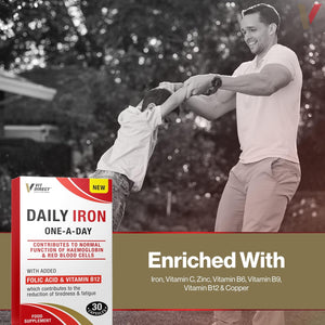 Vit Direct - Daily Iron Supplements - 30 Capsules - with Added Folic Acid & Vitamin B12 - Supports Haemoglobin & Red Blood Cell Function - Reduces Tiredness & Fatigue - Energy Supplements