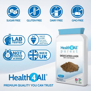 Health4All Desiccated Beef Liver Supplement 750Mg per Capsule 120 Capsules, Un-Defatted to Provide Full Absorption of Naturally Occurring Vitamins and Minerals Found in Beef Liver | Made in the UK