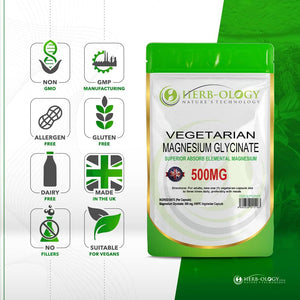 Herb-Ology Magnesium Glycinate Capsules | 120 Vegan Capsules | Magnesium Supplements | 500Mg per Capsule | Highly Bioavailable, Dairy Free & Manufactured in the UK