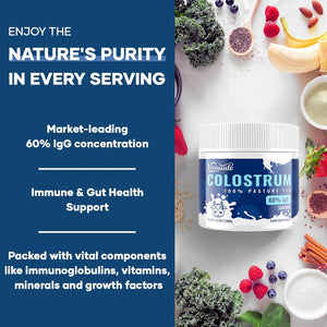 Veenuule Colostrum Powder 3000MG, with 60% Natural Igg (Immunoglobulins), Grass Fed Cow Colostrum, Non-Gmo, Unflavored 50 Servings