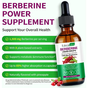 Berberine Liquid Drops, Berberine Supplement with High Strength Support Energy, Gut Health, Immune System & Metabolism Support, Health Supplement & Vitamins for Women & Men, Sugar Free, Non-Gmo - 60Ml
