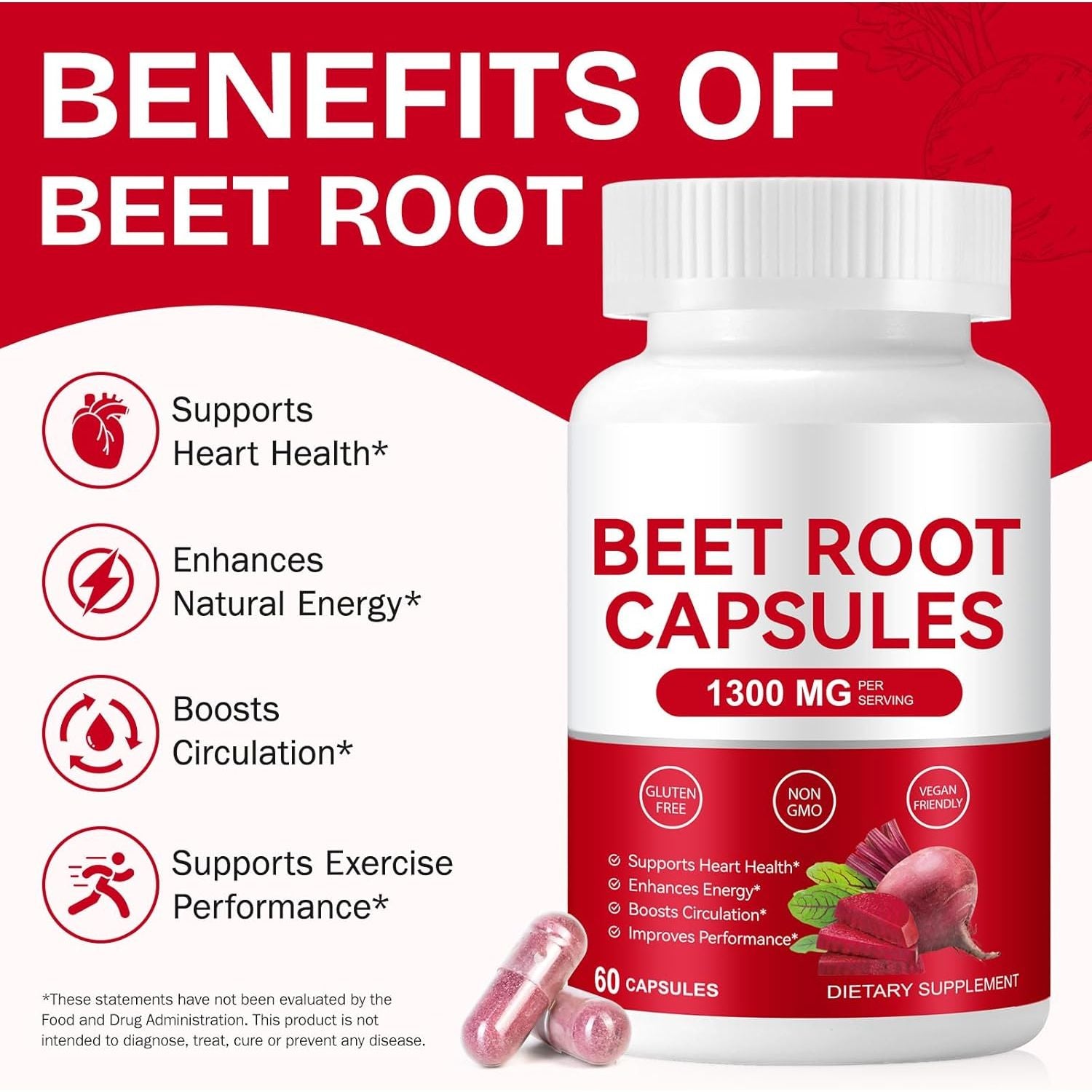 Beetroot Capsules 1300Mg - High Strength Beetroot Supplement 60 Vegan Capsules - Nitric Oxide