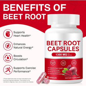 Beetroot Capsules 1300Mg - High Strength Beetroot Supplement 60 Vegan Capsules - Nitric Oxide