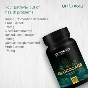 Ambrosial Glucocare | Bitter Melon | Neem | Black Plum (Jamun) | Helps in Balancing Blood Sugar | 100% Natural Ingredients | Pack of 1-120 Capsules