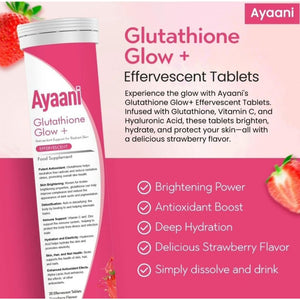 Ayaani Glutathione Glow+ 1200Mg - Effervescent Beauty Tablets with Vitamin C, Hyaluronic Acid & Alpha Lipoic Acid - Skin Brightening & Antioxidant Support - Strawberry Flavour - 20 Tablets