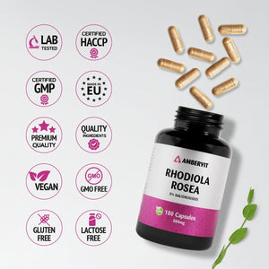 Rhodiola Rosea Capsules 500Mg - 180 Caps. - 3% Salidrosides - Premium Root Extract - High Strength - 6 Months Supply | Ambervit