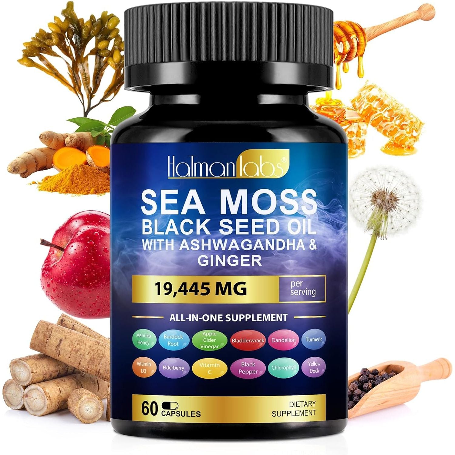 Sea Moss Complex-19,445Mg Sea Moss Capsules with Black Seed Oil& Ashwagandha, Ginger- 60 High Strength Capsules Providing 30 Day Supply- Vegan&Halal