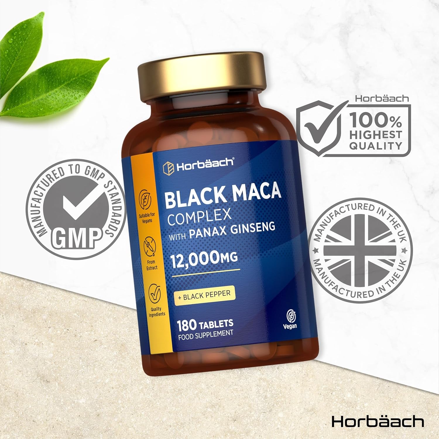 Black Maca Root 12,000Mg (High Strength) | Complex with Black Maca, Panax Ginseng, Yellow Maca & Black Pepper | 180 Vegan Tablets | by Horbaach