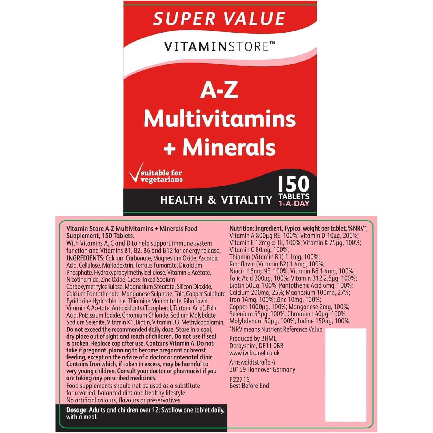 Vitamin Store A-Z Multivitamins & Minerals Food Supplement, 150 Tablets per Tub, Pack of 2 Tubs, 10 Months Supply