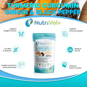 Nutrivolv Turmeric Curcumin 3200Mg with Ginger & Black Pepper for Enhanced Absorption | High Strength | Organic | Vegan 120 Tablets | Joint Support, Inflammation & Pain Relief