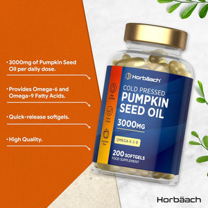 Pumpkin Seed Oil Capsules 3000Mg | Omega 6 and 9 Fatty Acids | Cold-Pressed | High Strength Supplement | 200 Softgels | by Horbaach