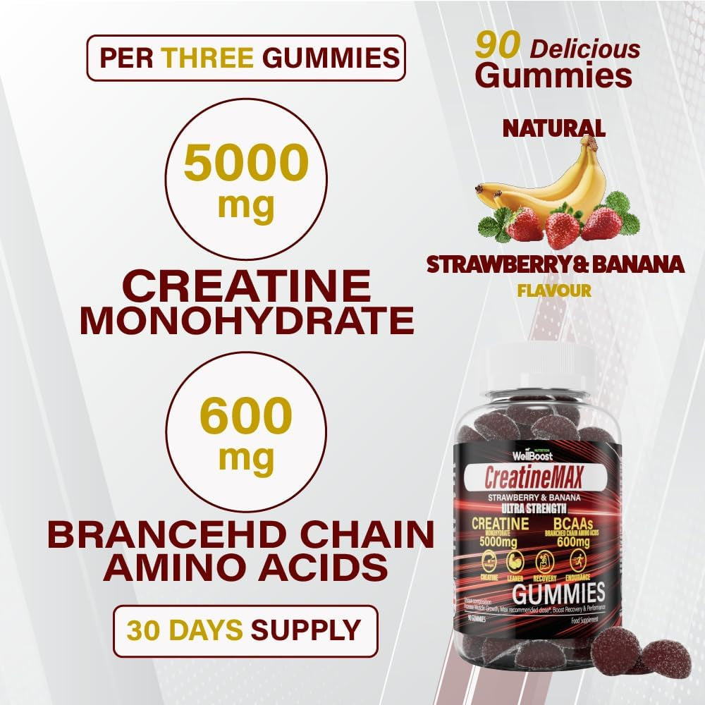 Wellboost Creatine MAX Gummies - 5000Mg Creatine Monohydrate & 600Mg Bcaas per Serving - Vegan, Sugar-Free Chewable Gummies with Strawberry & Banana Flavour - 90 Gummies (1 Month Supply)