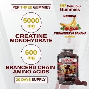 Wellboost Creatine MAX Gummies - 5000Mg Creatine Monohydrate & 600Mg Bcaas per Serving - Vegan, Sugar-Free Chewable Gummies with Strawberry & Banana Flavour - 90 Gummies (1 Month Supply)