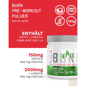 Phd Burn Pre Workout Powder with L Carnitine for Women and Men, Rich in CLA, High Caffeine for Pre-Workout, Sour Apple Flavour, 20 Servings (200G)
