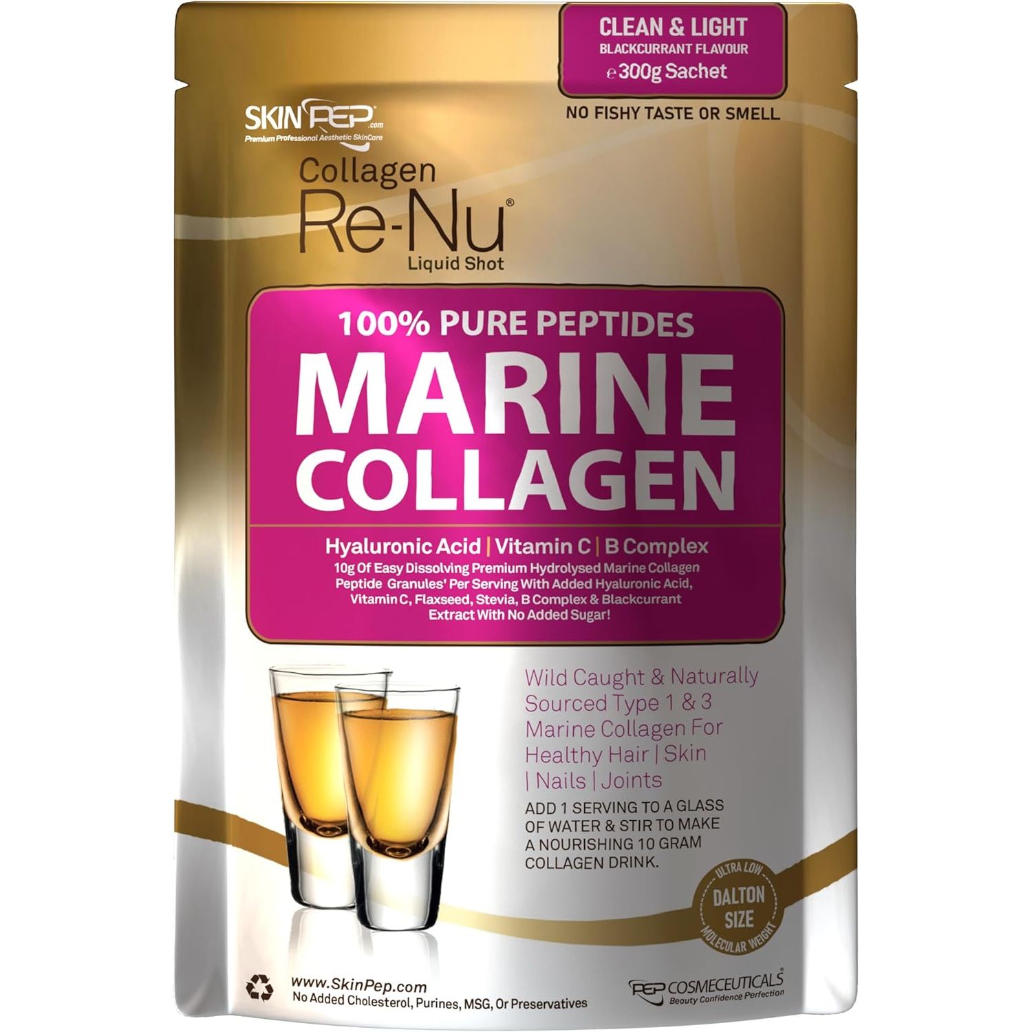 Premium Hydrolysed Marine Collagen Peptide Powder + VIT C, B Complex Hyaluronic Acid, & Stevia. Clean Light Taste/No Fishy Smell - Skinpep Collagen Re-Nu 300G - 30 Days Supply