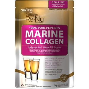 Premium Hydrolysed Marine Collagen Peptide Powder + VIT C, B Complex Hyaluronic Acid, & Stevia. Clean Light Taste/No Fishy Smell - Skinpep Collagen Re-Nu 300G - 30 Days Supply