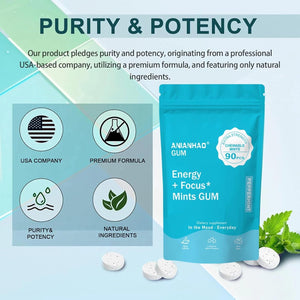 Energy & Focus Gum, 90 Pcs Energy & Focus Peppermint Chewing Gum, with B-Vitamins, L-Theanine and Natural Caffeine, Sugar-Free Dietary Supplement