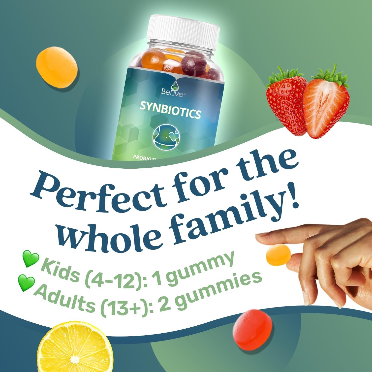Probiotic + Prebiotic Fiber Gummies Sweetened with Stevia and Tapioca - Suitable for Kids & Adults, for Better Gut Health, High Potent Probiotics & Fiber - 60 Strawberry, Lemon, Blueberry Gummy