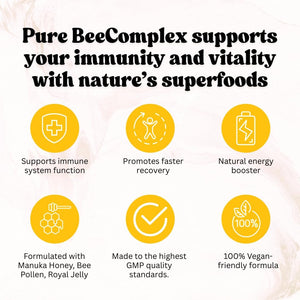 Pure Beecomplex – High Strength Bee Nutrient Complex with Royal Jelly, Propolis, Bee Pollen & Honey Powder – Natural Energy & Immune Support – 60 Capsules – Made in the UK