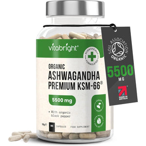 Ashwagandha High Strength Capsules | 3 Month Supply | 5500Mg | Organic Ashwagandha KSM 66 Root Extract Powder | Clean Formula Herbal Supplements | Vitabright UK