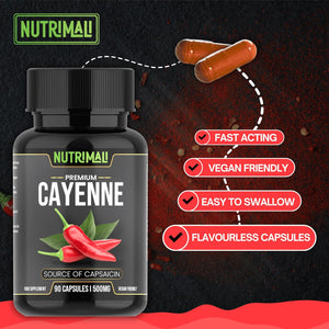Nutrimali Cayenne Pepper Organic - 90 Vegan Capsules | High Strength up to 1500Mg | Natural Herbal Supplement | Zero Fillers 100% Natural & Eco Friendly Packaging