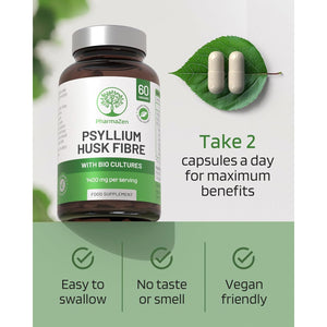 Psyllium Husks Capsules with Probiotics - High Fibre Supplement 1400Mg - Soluble Fiber Tablets High Strength - 60 Capsules - Pure Psyllium Husk & 6B Acidophilus Probiotic Complex for Digestive Support