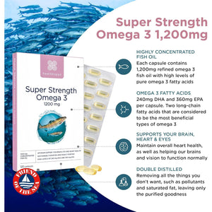 Healthspan Super Strength Omega 3 1,200Mg | Brain, Heart & Eye Health | 240Mg DHA & 360Mg EPA per Capsule| Highly Purified to Remove Toxins | Sustainably Sourced Fish Oil (120 Capsules)