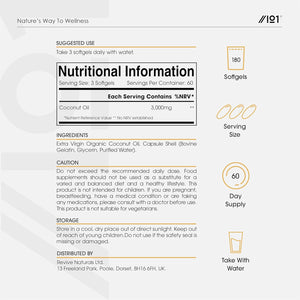 Coconut Oil Capsules 3000Mg – 180 Softgels – Cold Pressed Extra Virgin Coconut Oil – Resealable and Recyclable Pouch by Alpha01