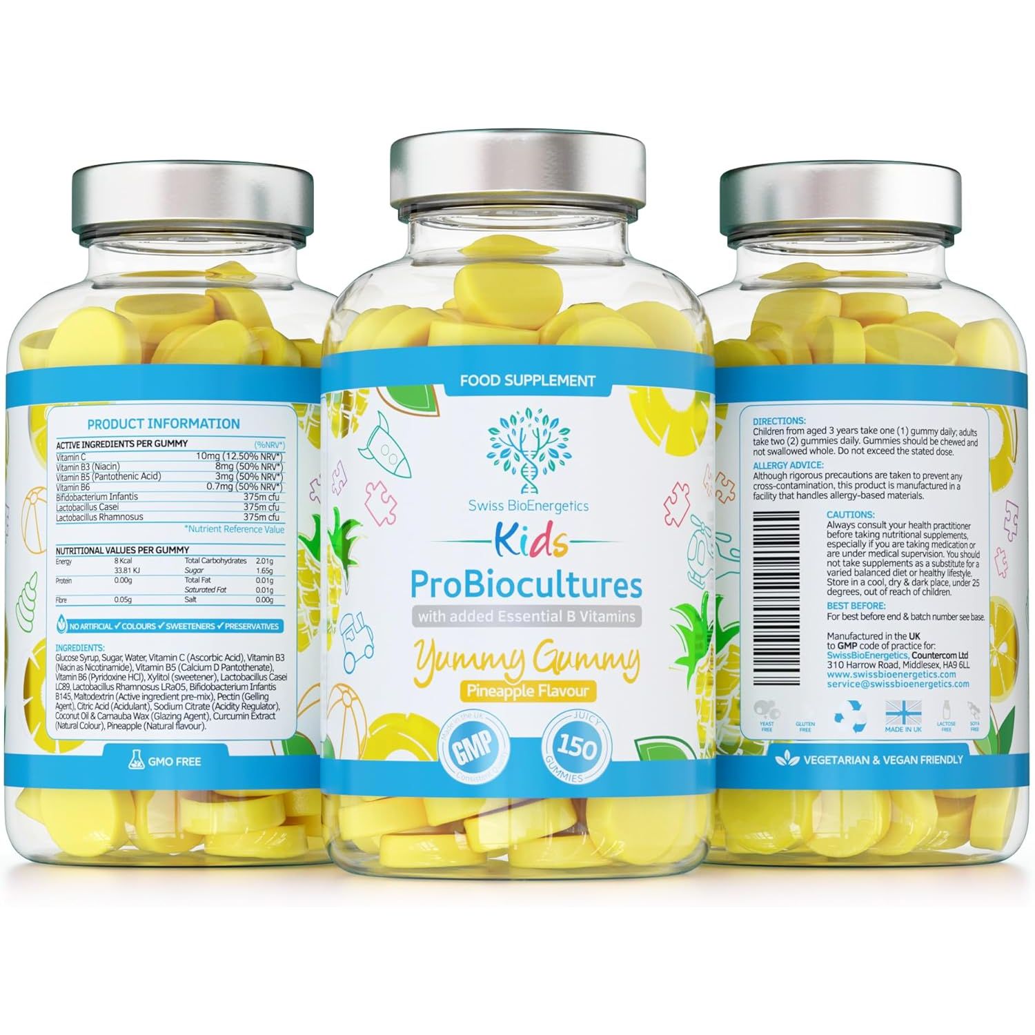 Kids Probiotics/Probiocultures Gummies - 150 Children'S Probiotics Multi-Strain Gummies - Natural Pineapple Flavour – with Added B & C Vitamins for Immune Support - 5 Month Supply – UK Made