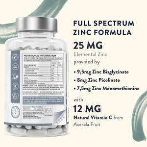 Triple Zinc 25Mg - 3 Forms of Zinc with Natural Vitamin C - Zinc Picolinate, Zinc Bisglycinate and Zinc Monomethionine - 180 High Strength Zinc Tablets - 6 Months Supply - Zinc Supplements