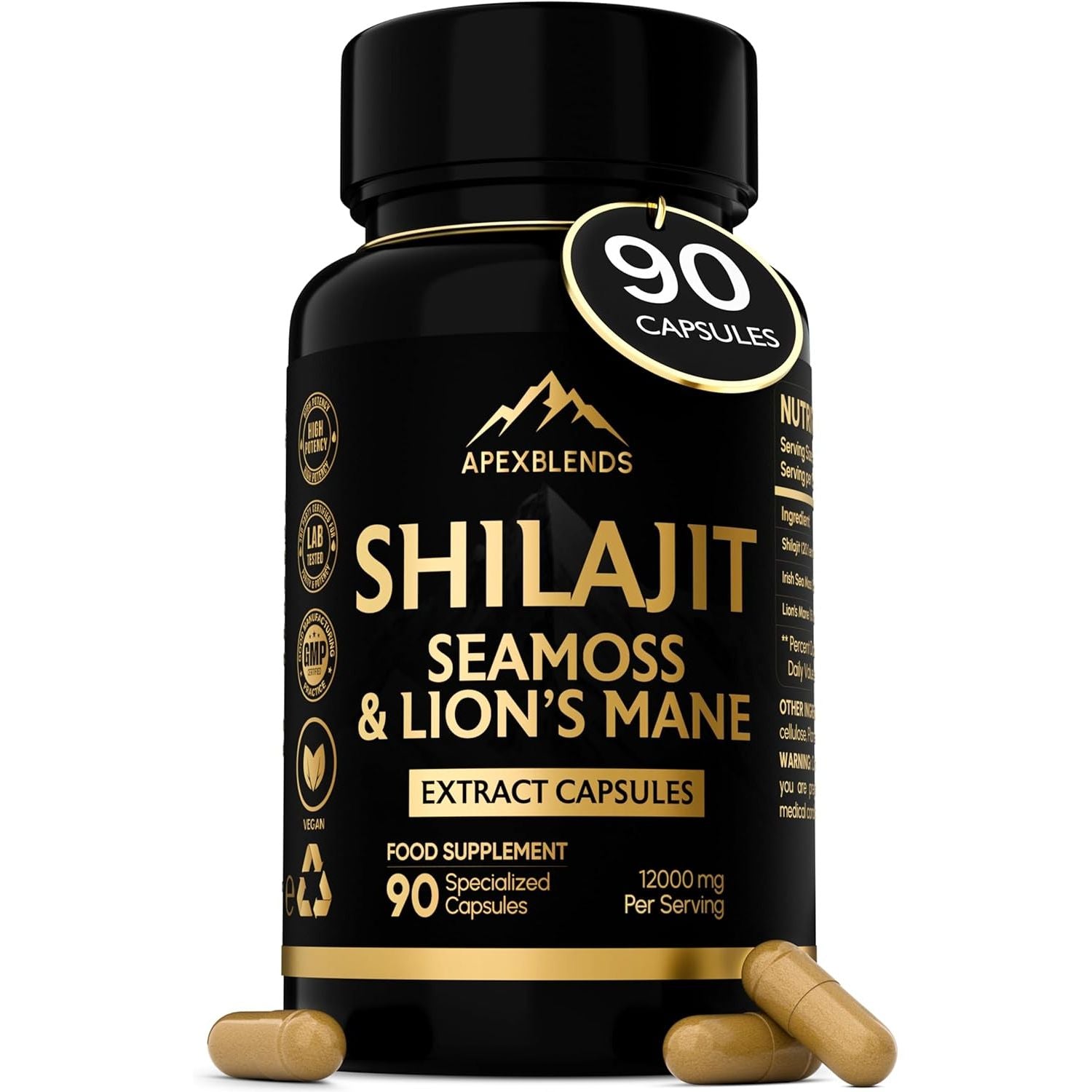 3-In-1 Shilajit, Seamoss and Lions Mane Capsules - High Strength 12000Mg Lion'S Mane Shilajit and Irish Sea Moss | Fulvic Acid, Organic Sea Moss | Supplements for Men and Women | 90 Vegan Capsules