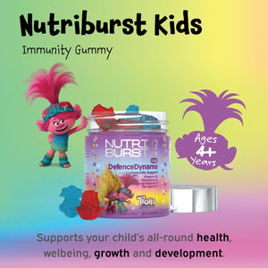Nutriburst Trolls Kids Defencedynamo - Immune Support & Energy - Vitamin D3 (25Μg), Vitamin C (90Mg) + Black Elderberry Extract (50Mg) - Vegan + Chewable + Sugar Free - Blueberry Flavour - 60 Gummies