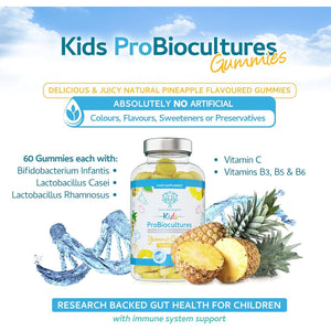 Kids Probiotics/Probiocultures Gummies - 60 Children'S Probiotics Multi-Strain Gummies - Natural Pineapple Flavour – with Added B & C Vitamins for Immune Support - 2 Month Supply – UK Made