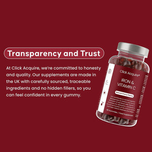 Iron and Vitamin C Gummies for Kids & Adults | 7Mg Gentle Iron, 20Mg Vitamin C Chewable | Vegan Natural Cherry Flavour | 2 Month Supply