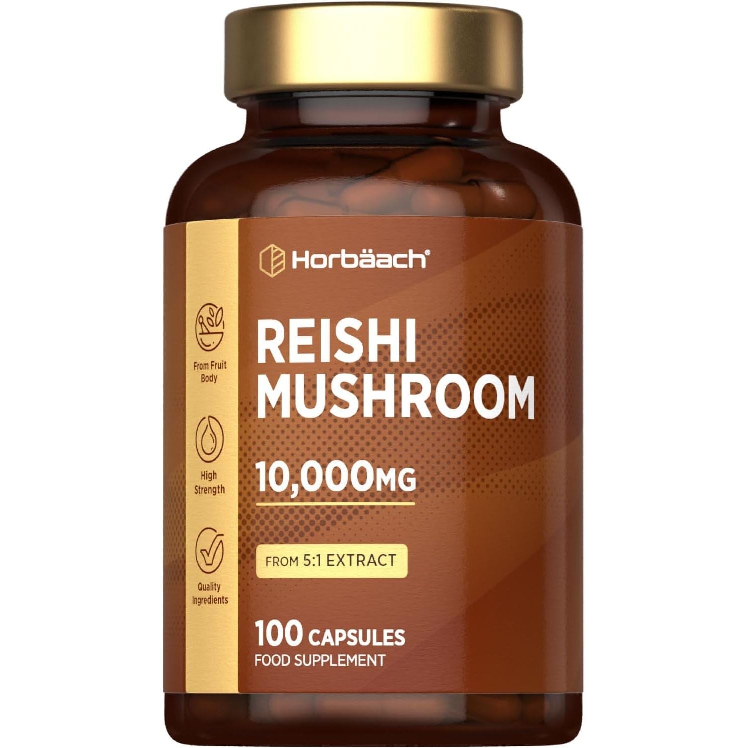 Reishi Mushroom Capsules 10,000Mg | Red Reishi Extract (5:1) | High Strength Supplement | 100 Powder Capsules | by Horbaach
