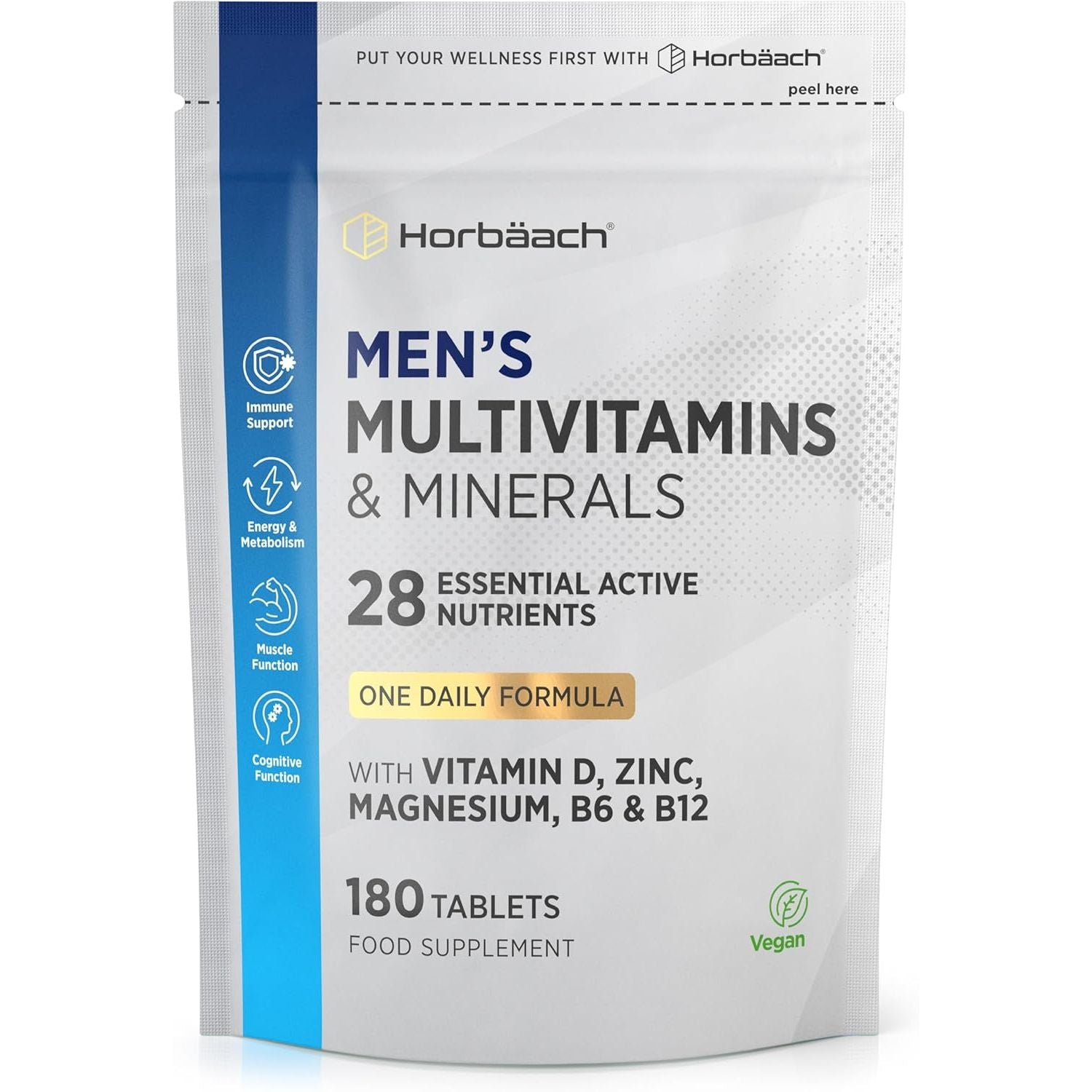 Multivitamin Tablets for Men | 180 Count | 28 Essential Nutrients | with Zinc, Magnesium, Vitamin D3, B12 and More! | Vegan Supplement | by Horbaach