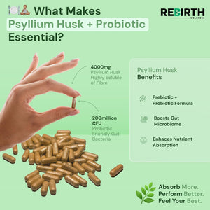 Psyllium Husk Fibre Supplement 4000Mg with Probiotic Acidophilus – 120 Capsules, High Fiber Supplement for Digestion & Gut Health,3Rd Party Lab Tested, UK Made by Rebirth Wellness