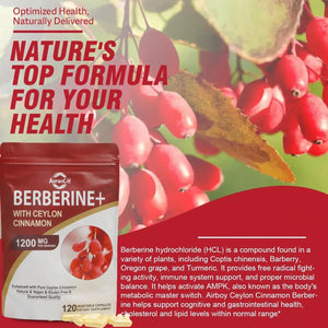 Berberine HCL Supplement Berberine 1200Mg Serving HCL 120 Capsules - plus Pure True Ceylon Cinnamon,Healthy Weight for Both Men and Women, 2 Month Supply