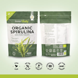 Organic Spirulina 1000X Pure Easy to Swallow Tablets - Rich in Essential Vitamins & Minerals by Inner Vitality