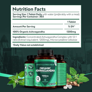 Organic Ashwagandha 1200Mg - 365 Tablets High Concentration Vegan Organic Root Extract - 12 Months Supply