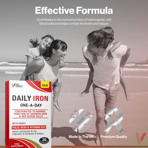 Vit Direct - Daily Iron Supplements - 30 Capsules - with Added Folic Acid & Vitamin B12 - Supports Haemoglobin & Red Blood Cell Function - Reduces Tiredness & Fatigue - Energy Supplements