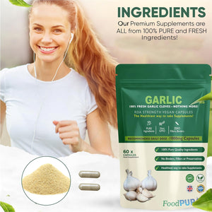 Foodpura 60 X Pure Garlic Capsules Recommended Daily Strength 1000Mg - Capsules Are the SAFEST Way to Take Any Supplement! HACCP Certified, Manufactured in the UK.