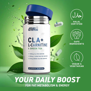Applied Nutrition CLA + L-Carnitine & Green Tea - Fat Burner for Weight Loss, Energy & Metabolism Support (100 Capsules / 50 Servings)